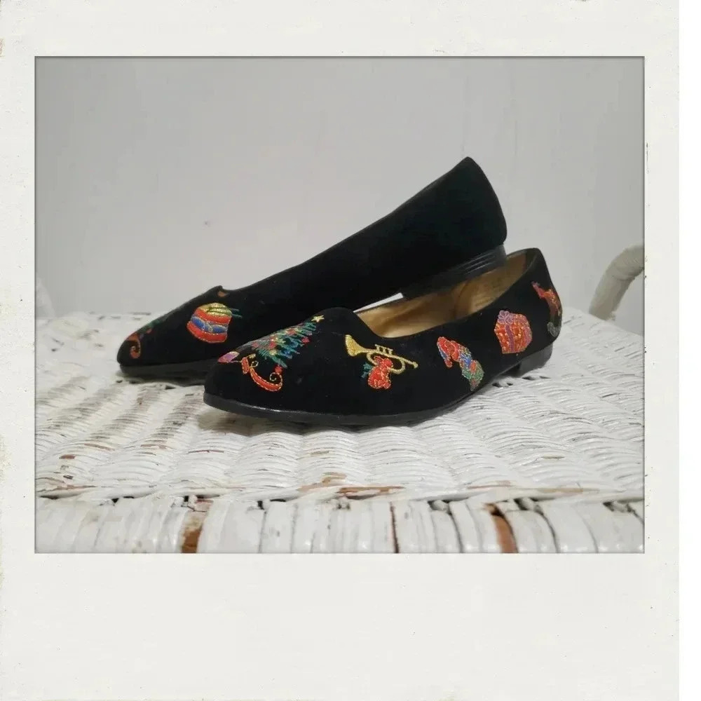 Madeline Stuart Collection | Christmas Theme Flats Black Velvet Dress Shoes